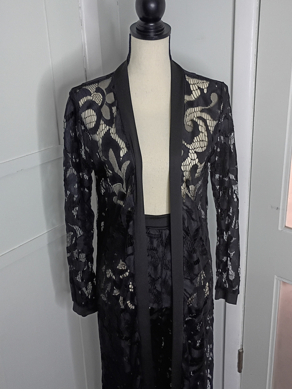 See-Thru Black Lace Long Duster And Matching Pants 2- Piece Set - Picture 2 of 6